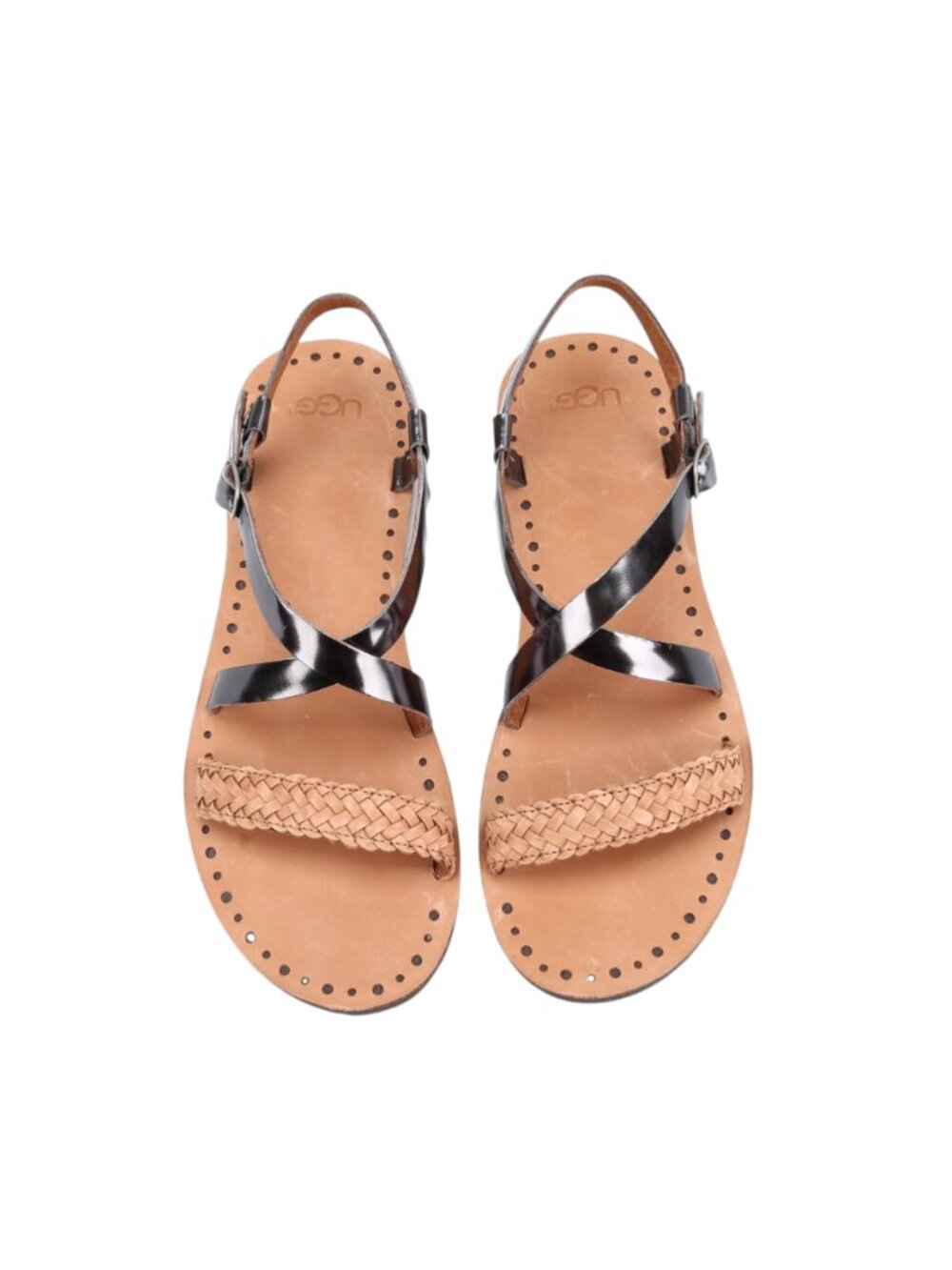 UGG Jordynne Flat Sandals Womens 5 Brown Silver Braided Leather Buckle Open Toe